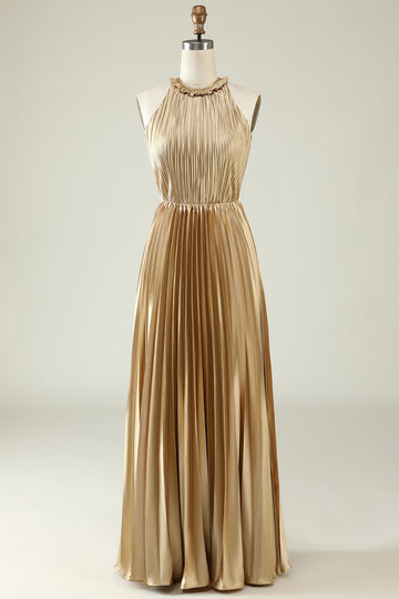 Halter Neck Golden Plissert Long Bridesmaid Dress